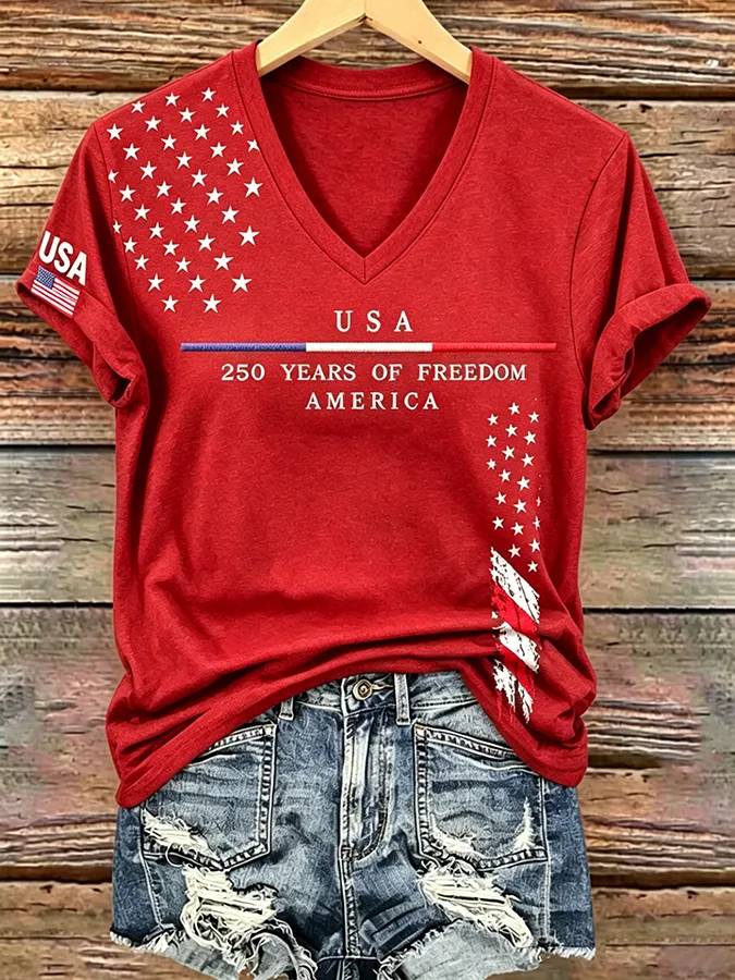 250Th Anniversary American Embroidery Commemorative V-Neck Short Sleeved T-Shirt