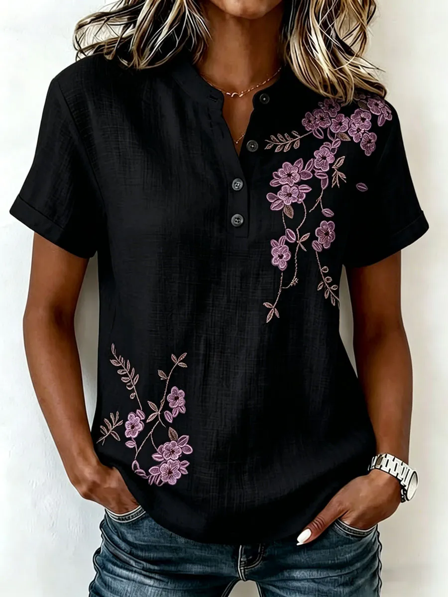Women'S Short-Sleeved Cotton And Linen Casual Top
