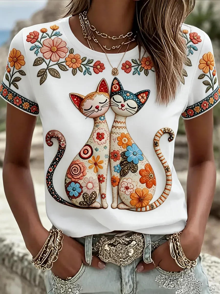 Women'S Cute Floral Cats Print Casual Tee