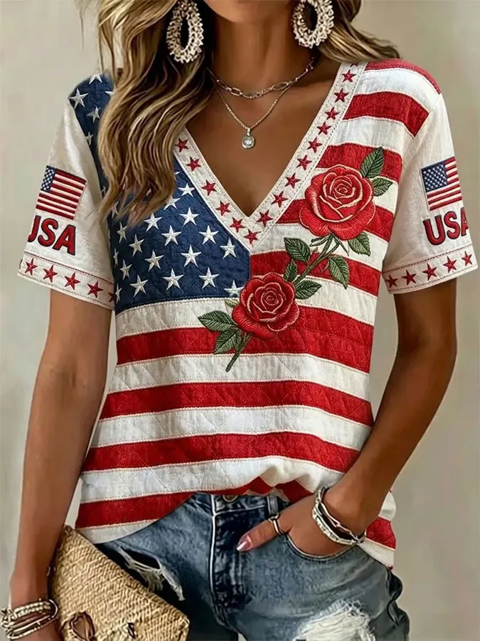 Women'S Floral Flag Printed Casual T-Shirt