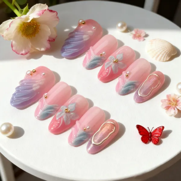 Nailhour 30Pcs 3D Gradient Floral Medium Almond Press On Nails