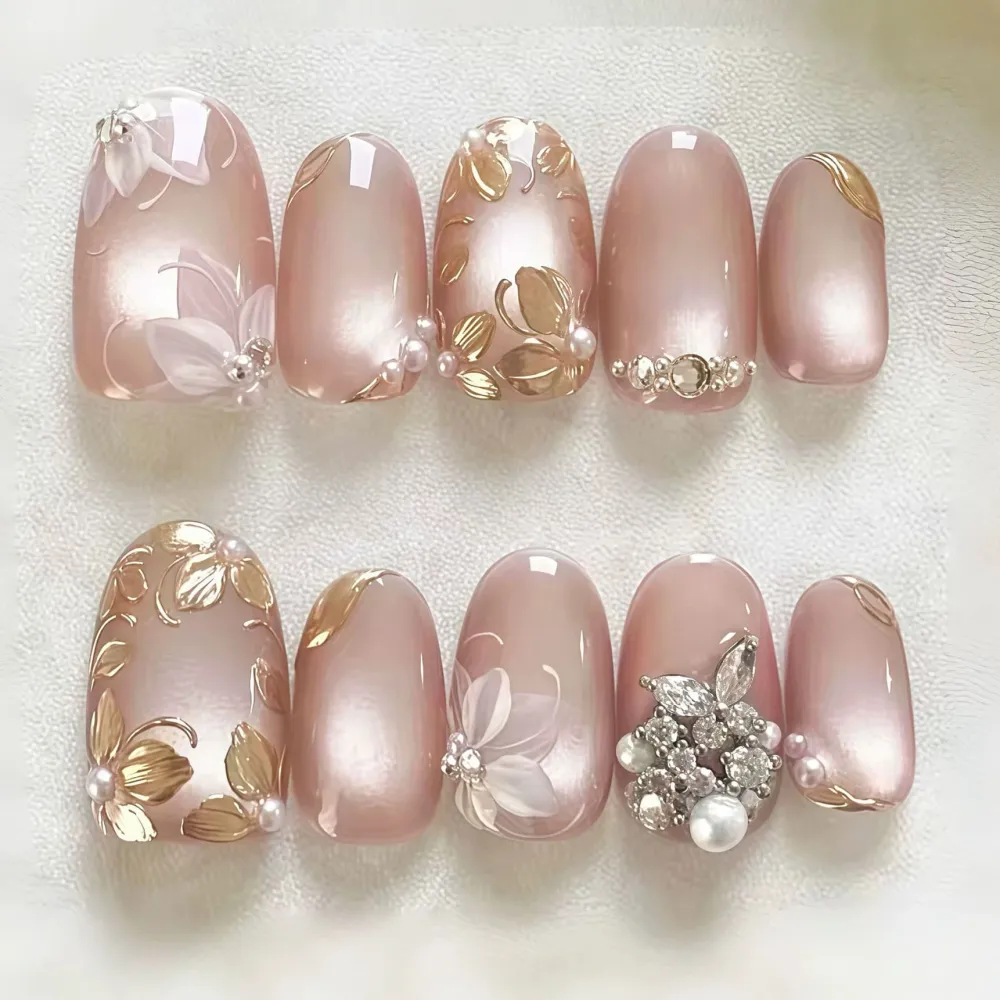 Nailhour 30Pcs French Gilded Rhinestone Short Oval Press On Nails