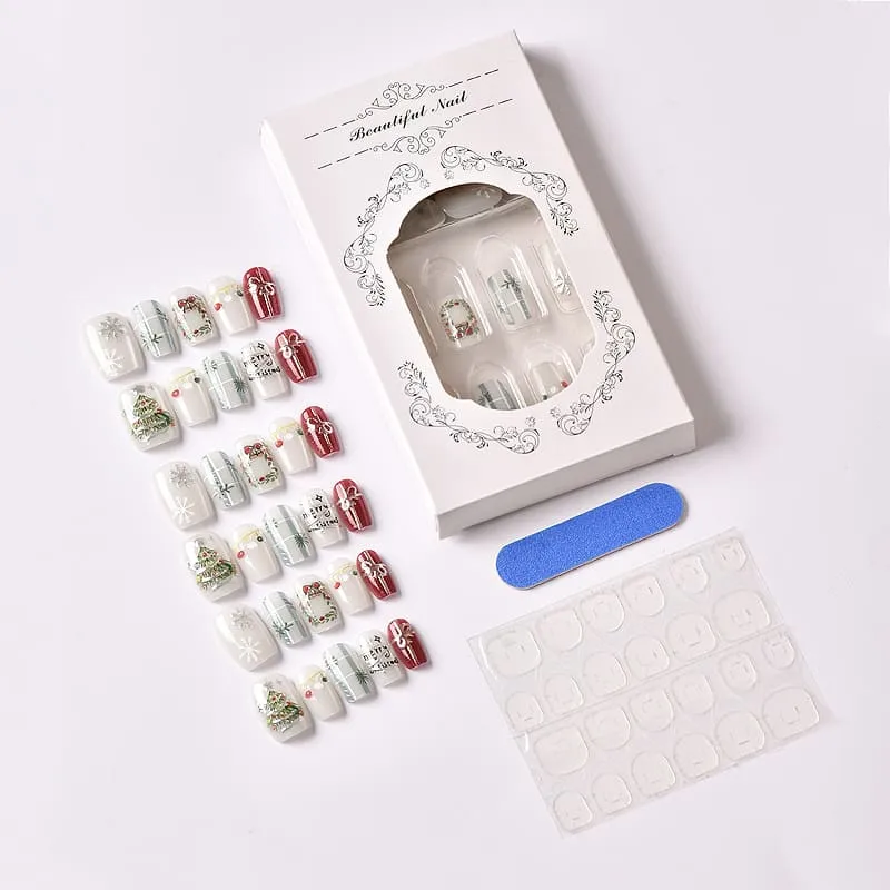 Nailhour 30Pcs Cat Eye 3D Medium Square Christmas French Press On Nails