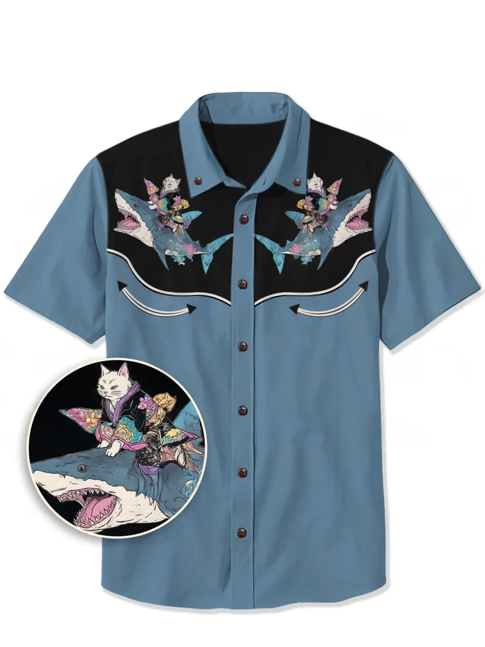 Ukiyo-E Cat Riding A Shark - 100% Cotton Shirt