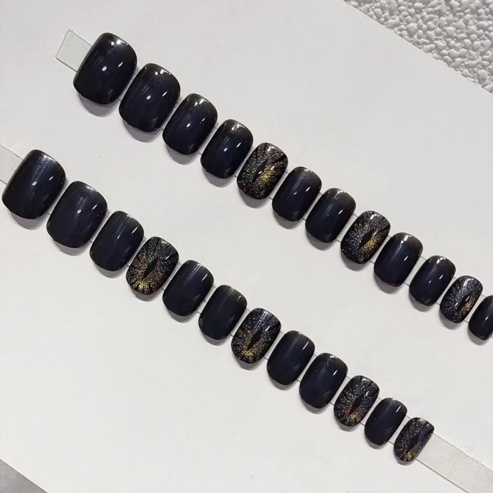 Nailhour 24Pcs Black Starry Sky Cat's Eye Devil Eye Oval Press On Nails