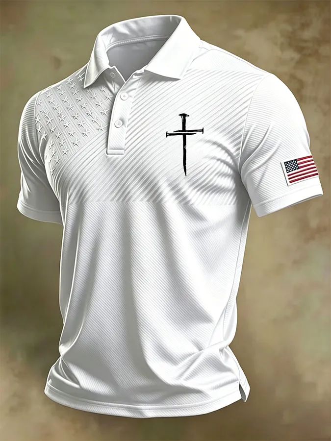 Men'S National Flag And Cross Print Casual Polo Shirt