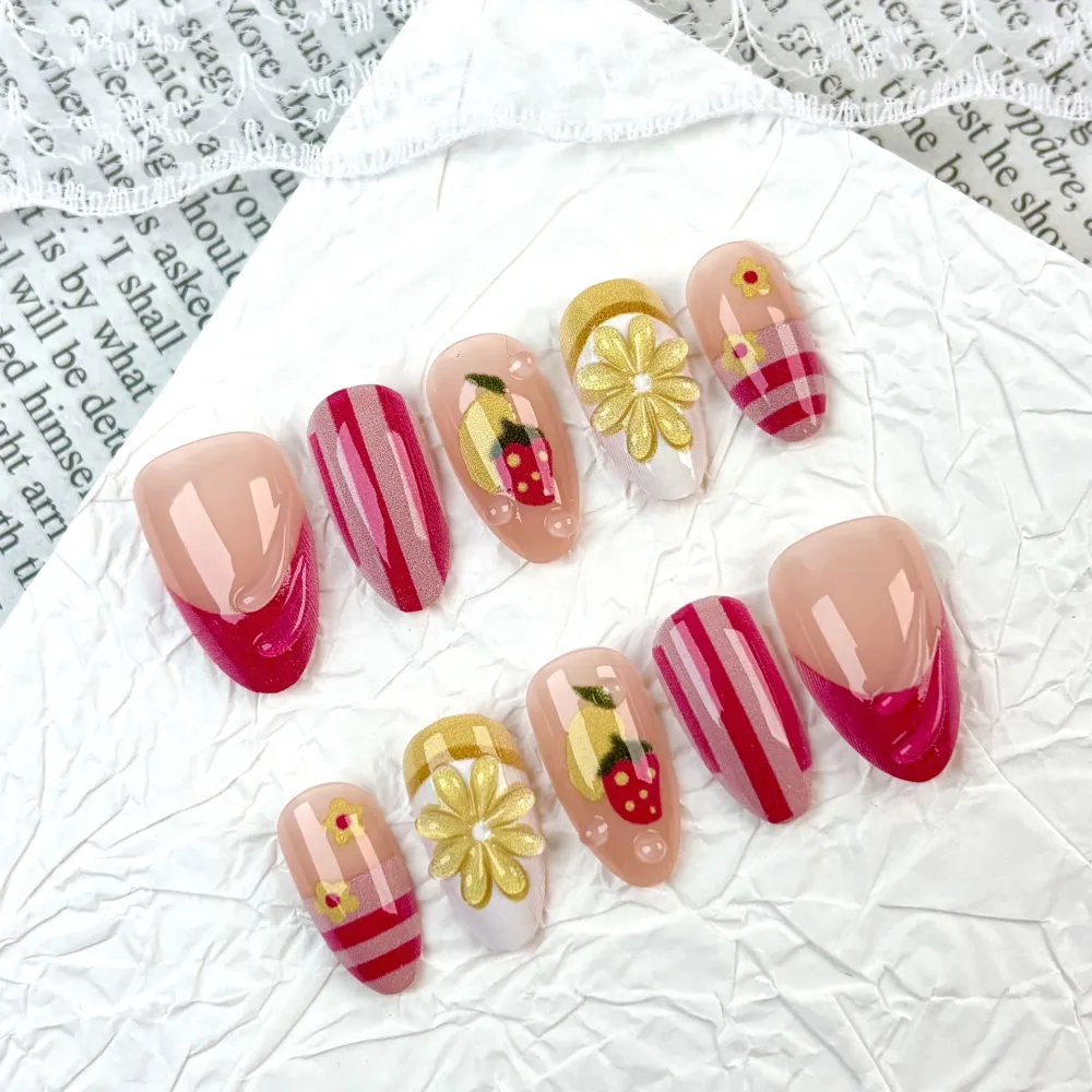 Nailhour 30Pcs Strawberry Lemon 3D Medium Almond French Press On Nails