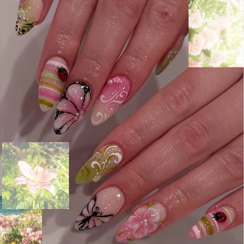 Nailhour 24Pcs French Medium Almond Garden Dawn Press On Nails