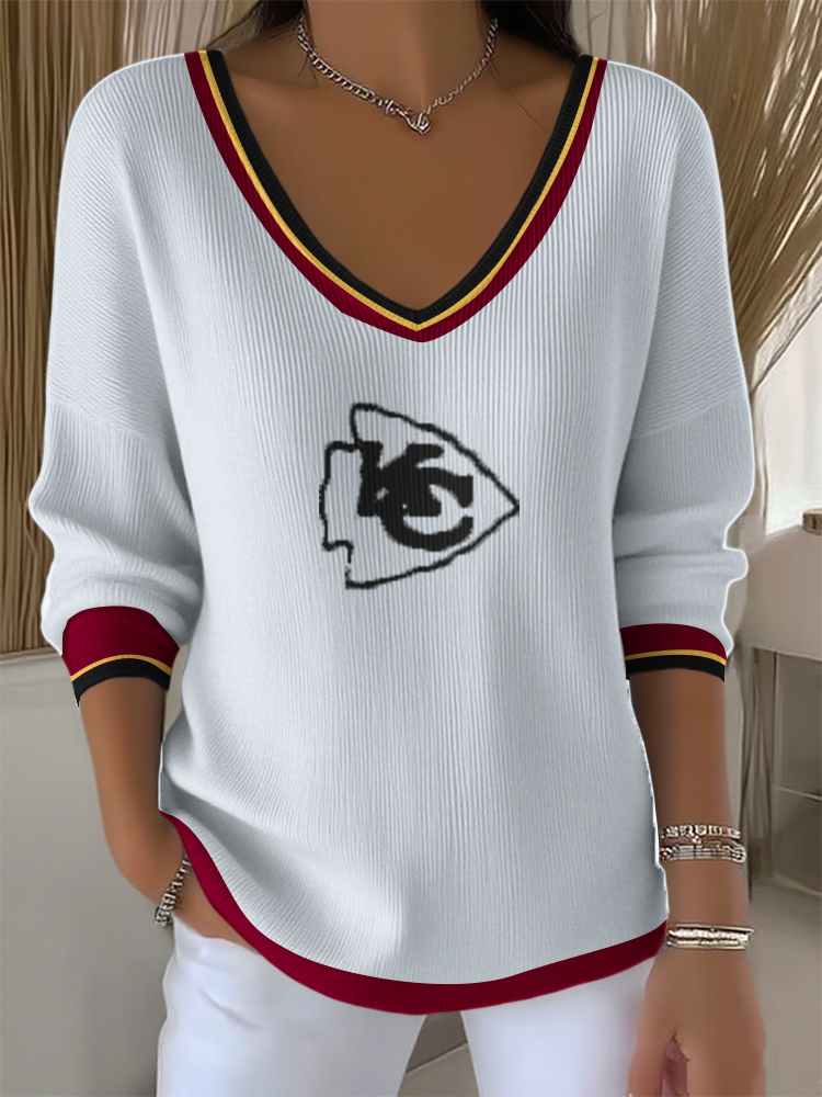 トップス k-y-g-k Lady Kansas City Chiefs Logo White V - Neck Sweatshirt - zxuanc