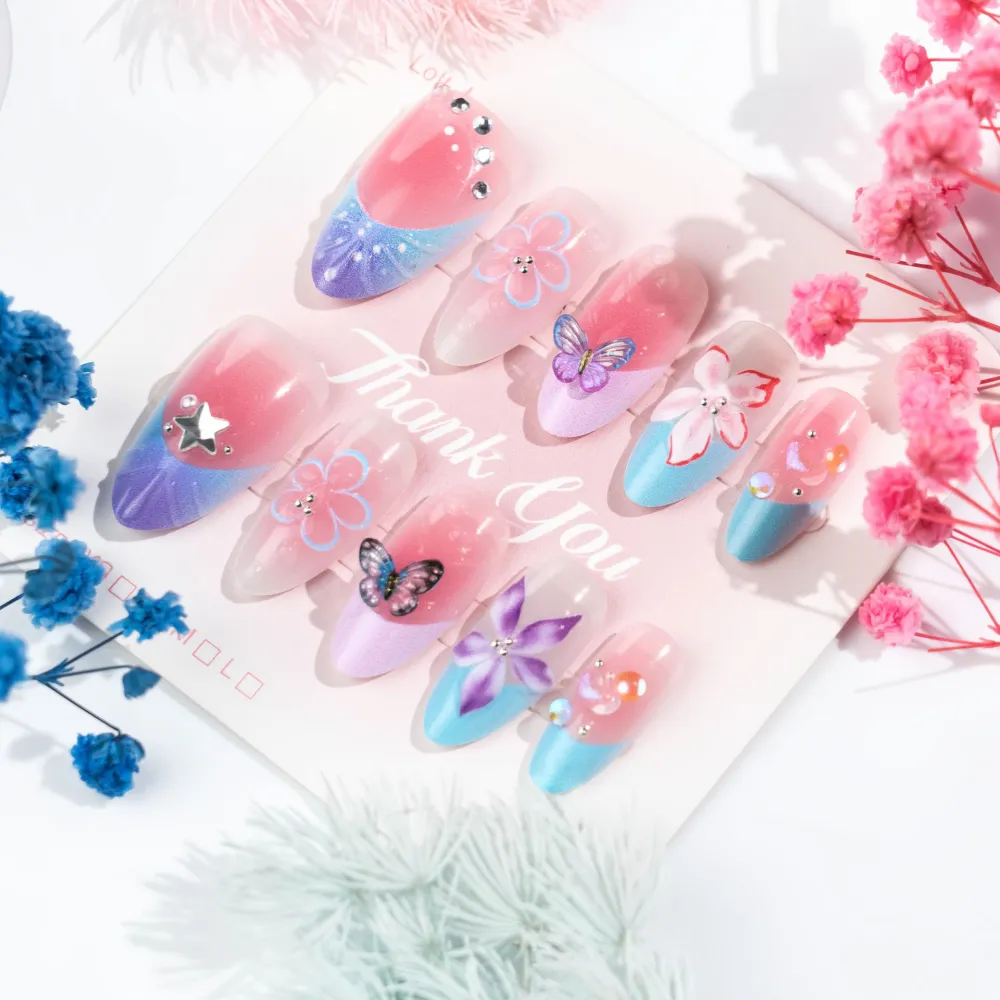 Nailhour 30Pcs Floral 3D Medium Almond Pink Purple French Press On Nails