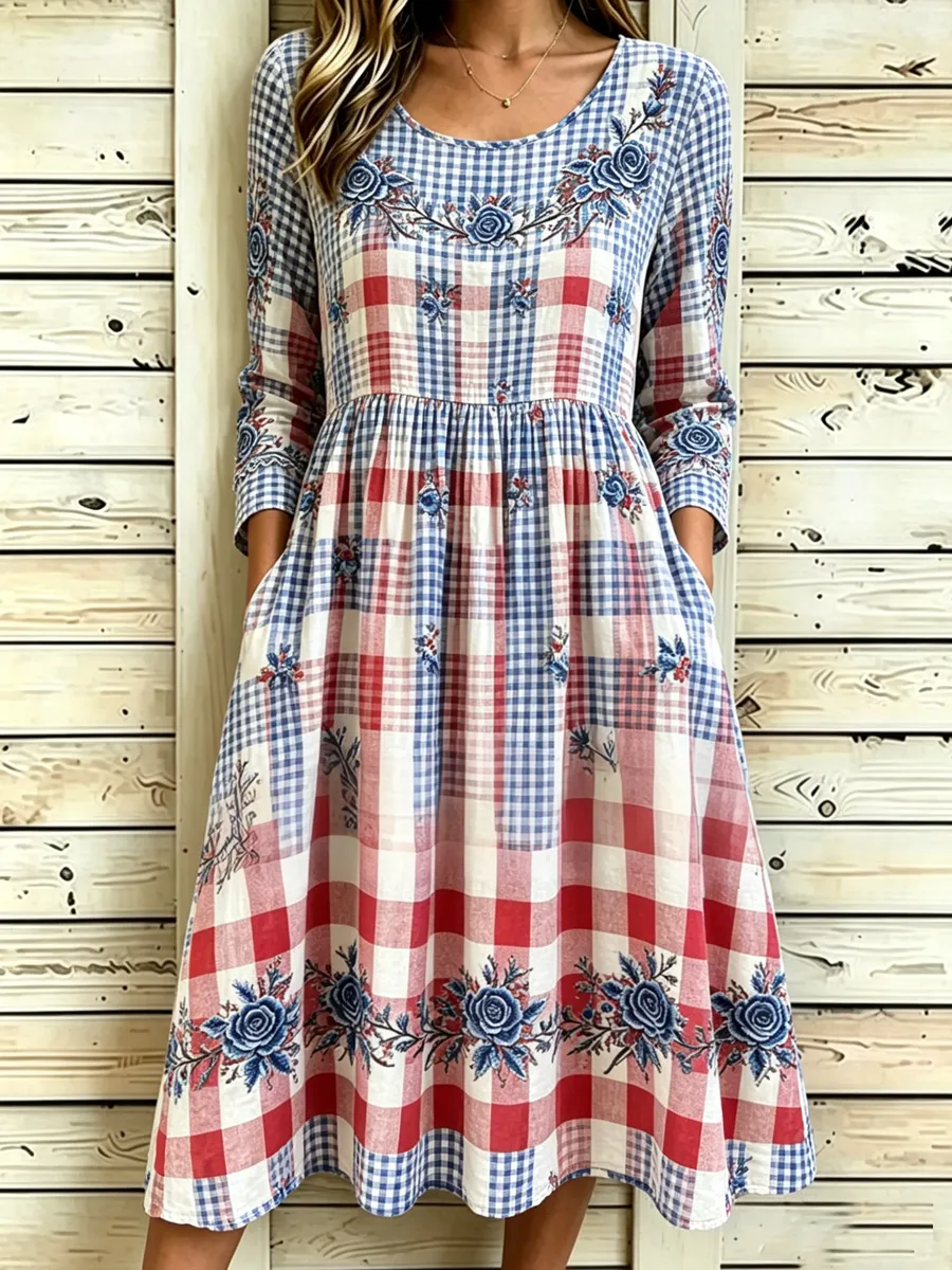 Women'S Retro 250Th Anniversary Floral Plaid Art Printed Dress