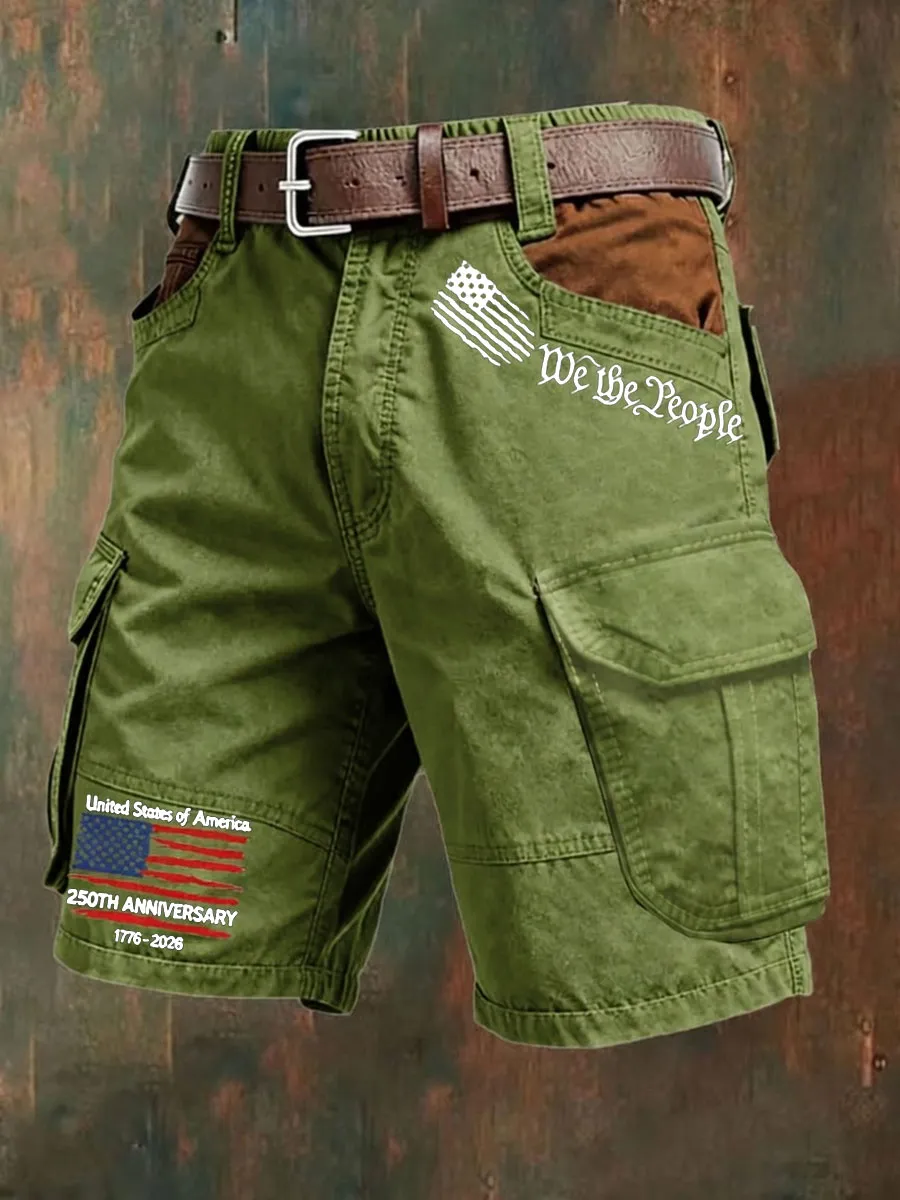 Men's Retro Flag Cross Multi-Pocket Print Cargo Shorts