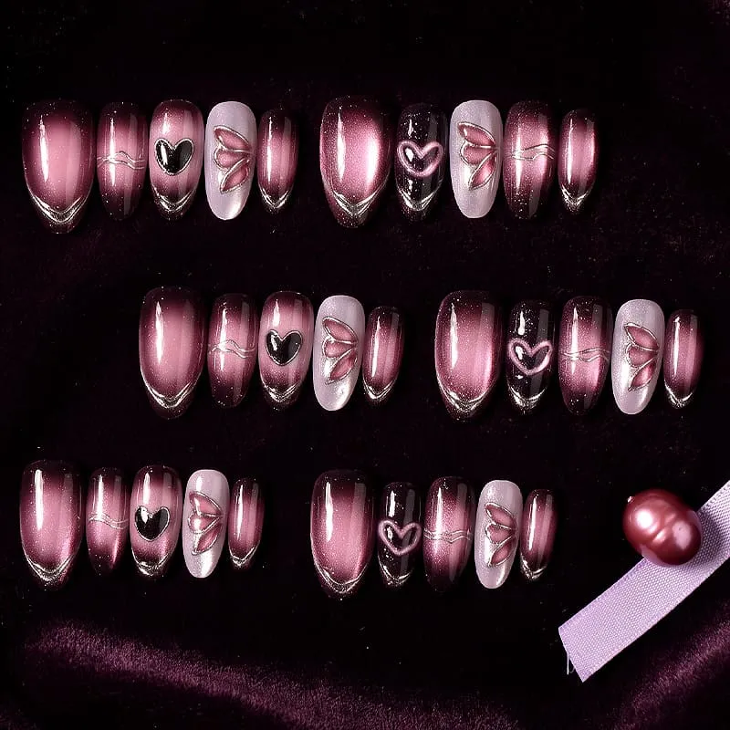 Nailhour 30Pcs Gradient Heart Medium Almond French Press On Nails