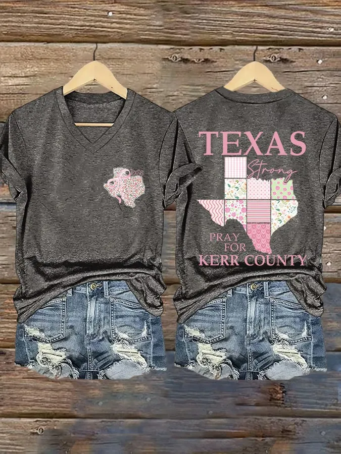 V Neck Retro Texas Strong Bow Print Pray For Kerr County Print T-Shirt