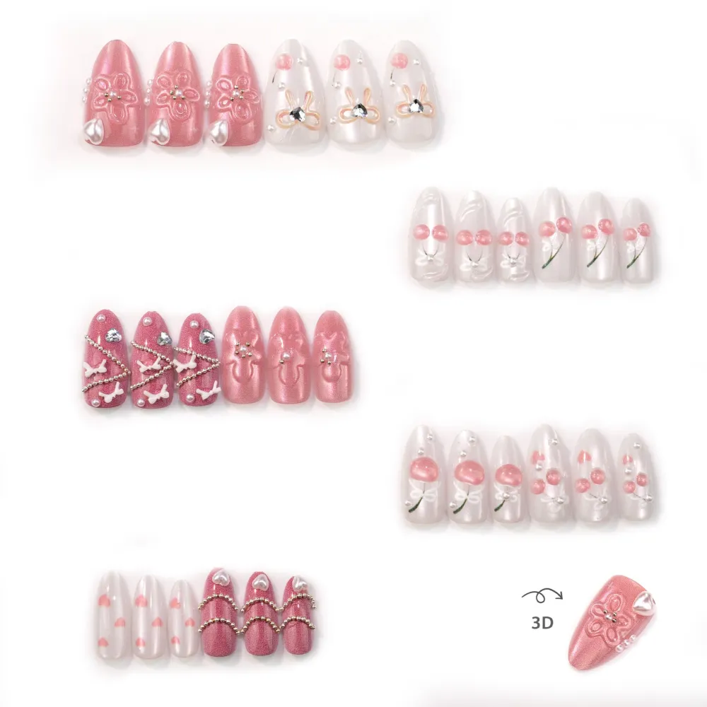 Nailhour 30Pcs Sweet Cherry Floral 3D Medium Almond French Press On Nails