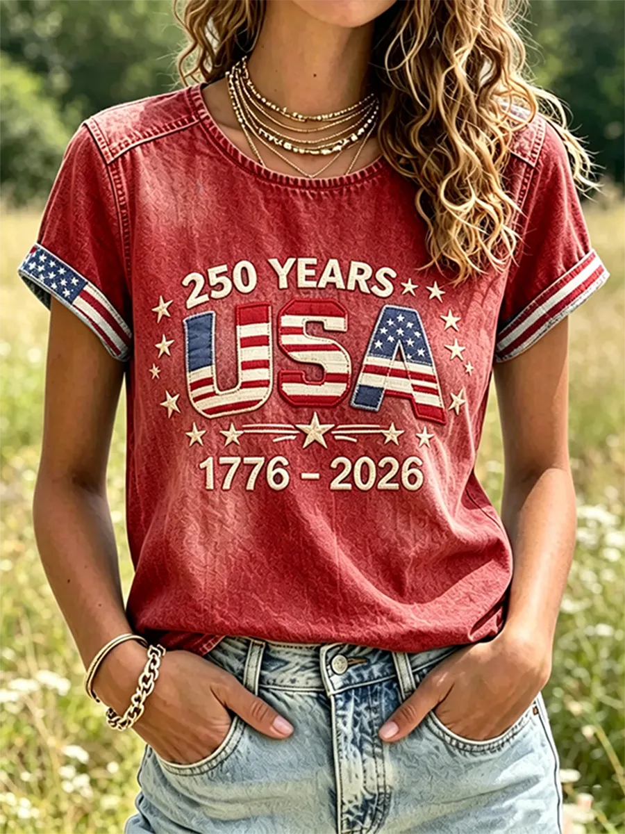 Women's USA 250th Anniversary Embroidered Denim Style T-shirt