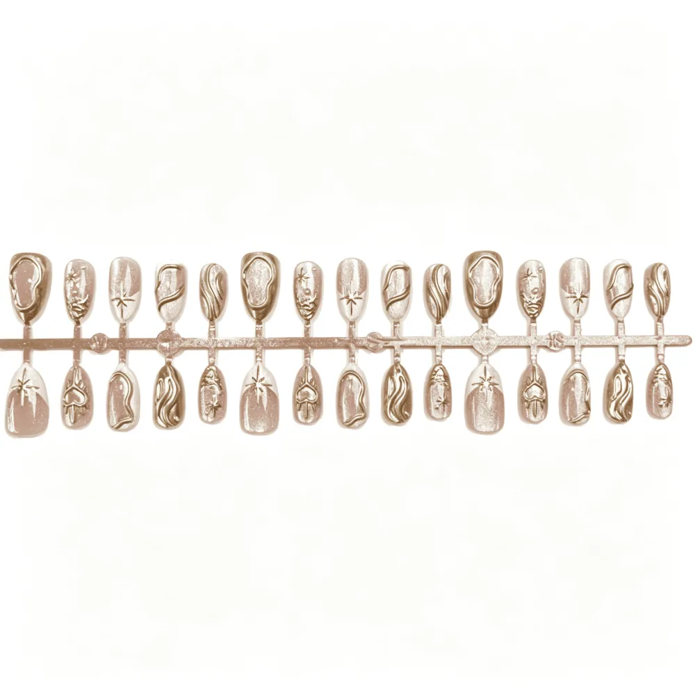 Nailhour 30Pcs Glitter 3D Medium Almond Gilded Press On Nails