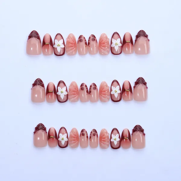 Nailhour 30Pcs Brown Floral 3D Resin Medium Almond Press On Nails