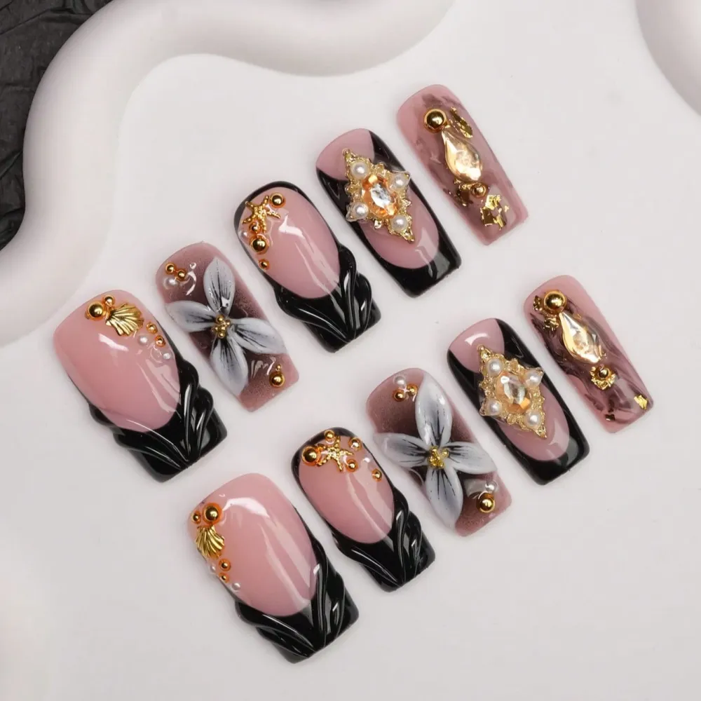 Nailhour 10Pcs Handmade French Gilded  Square Press On Nails