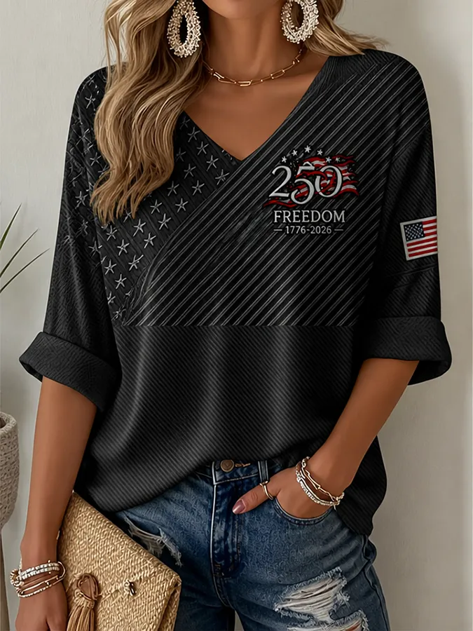 Women's American Flag Printed Casual Waffle Long Sleeve T-shirt