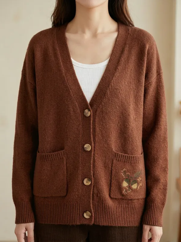 Acorn  Rust Embroidered Women's Knit Cardigan