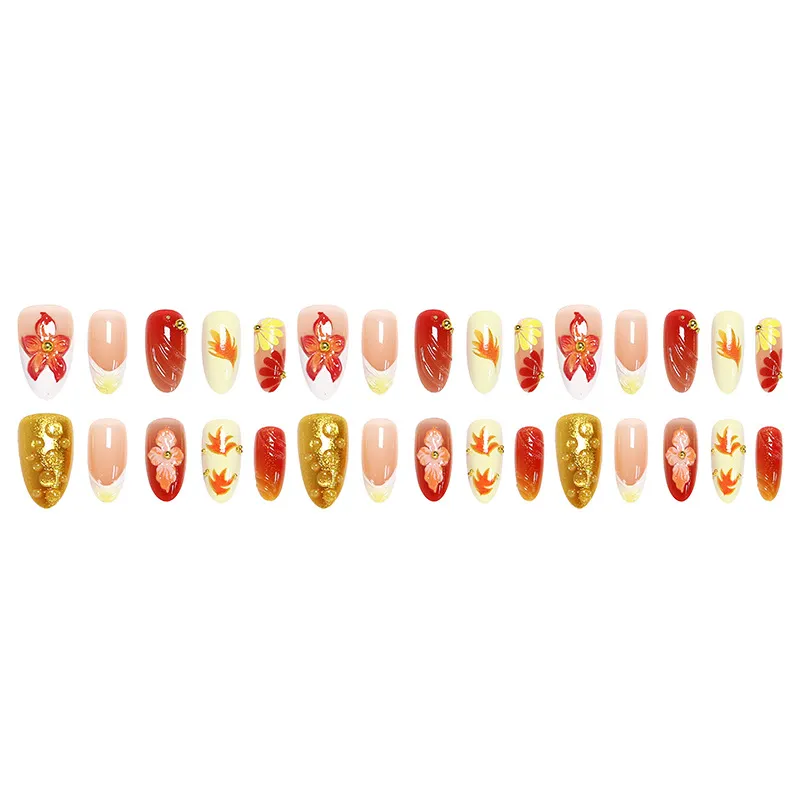 Nailhour 30Pcs Autumn Multicolo Floral Medium Almond Press On Nails