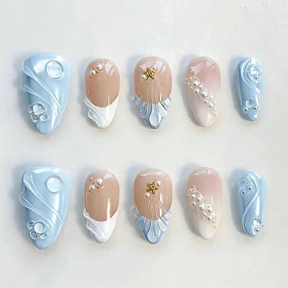 Nailhour 10pcs Summer Pearl Floral Applique Nail Art Almond Blue Fake Nails