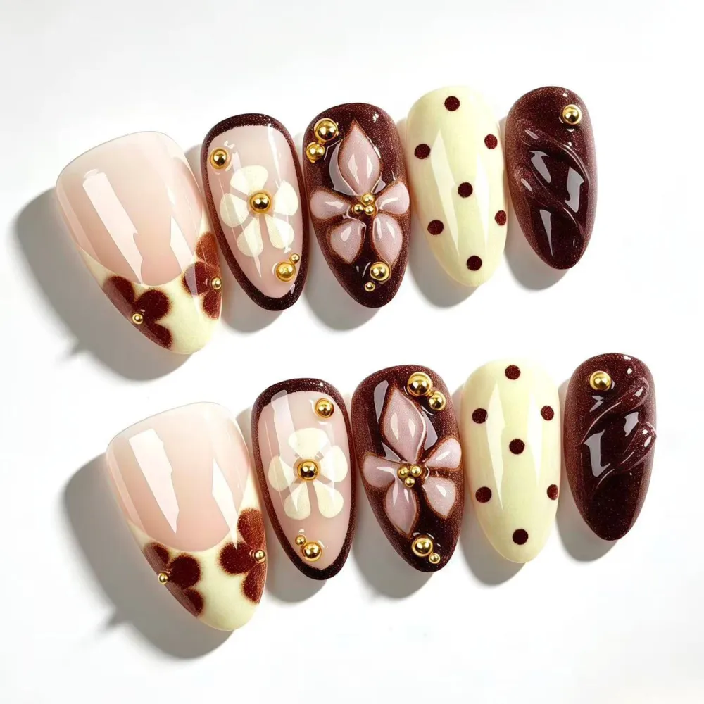 Nailhour 30Pcs Autumn 3D Gilded Floral Medium Almond Press On Nails