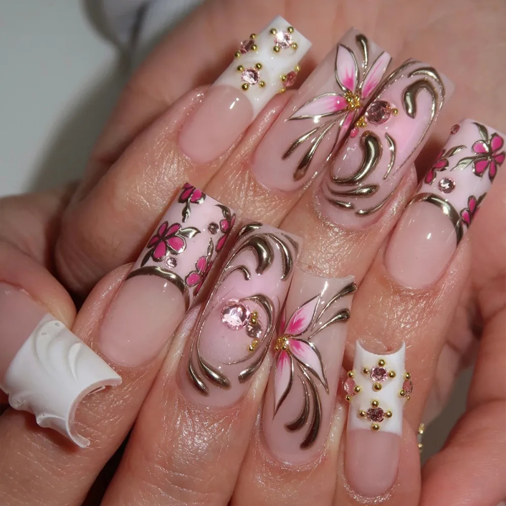 Nailhour 24Pcs French Glitter Gilded Long Square Press On Nails