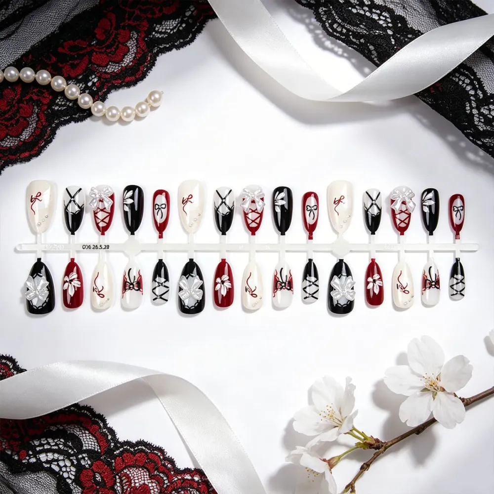 Nailhour 30Pcs Ballet 3D Medium Almond French Press On Nails