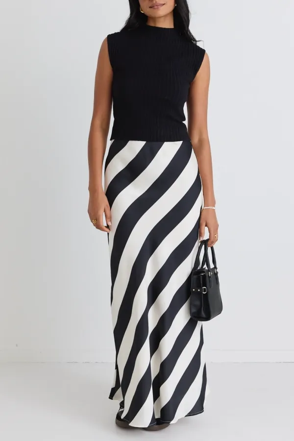 Black White Stripe Bias Cut Skirt