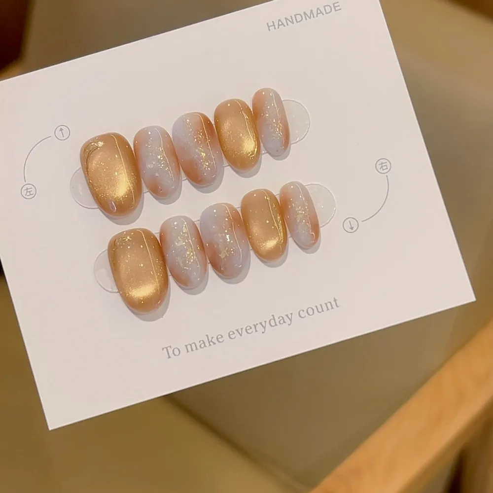 Nailhour 10Pcs French Cat Eye Multicolor Medium Oval Press On Nails