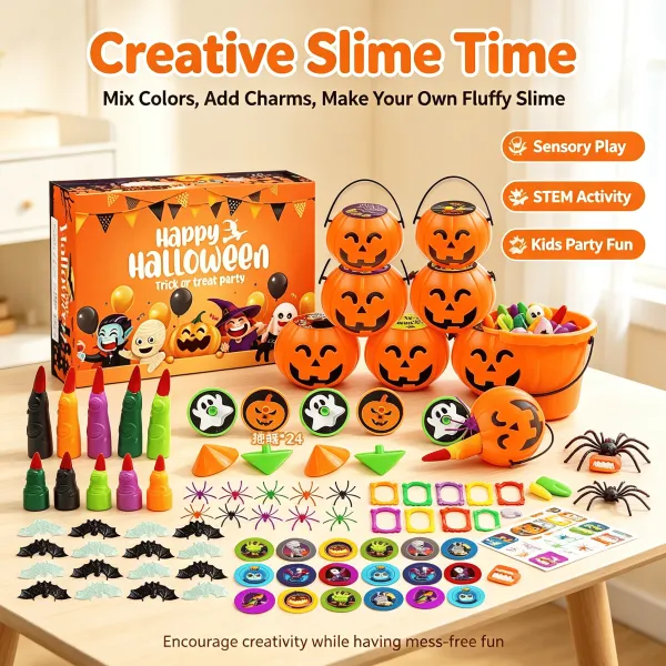 144 Pcs 24 Packs Prefilled Mini Pumpkin Buckets for Kids Halloween Party Favors Trick