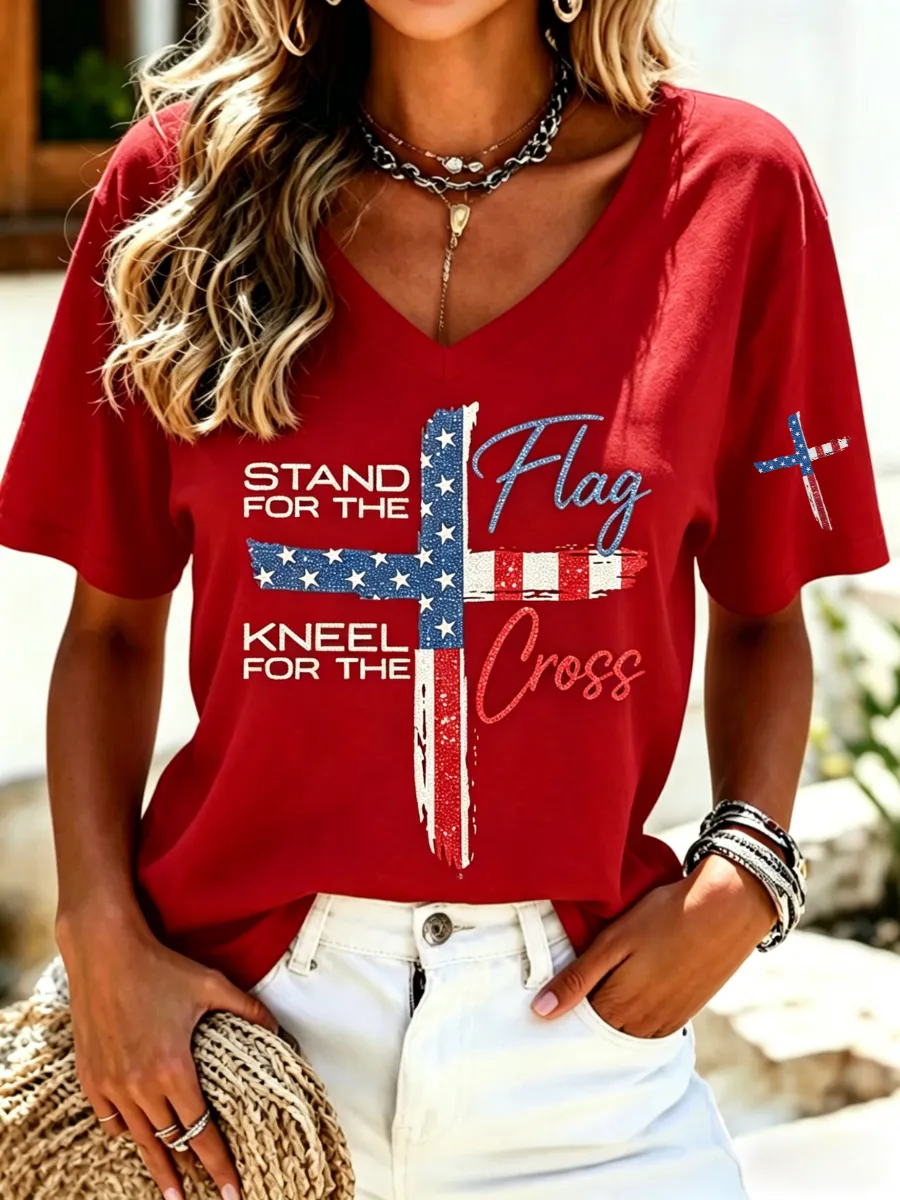 Women's America's 250th Anniversary Stand For The Flag Kneel For The Cross Faith Christian Cross Print T-Shirt