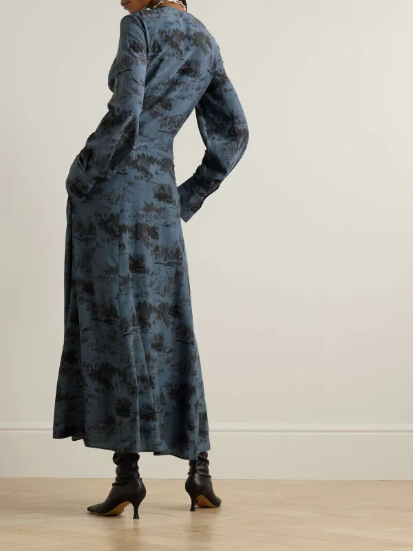 Ruched Waist Print Long Sleeve Dres