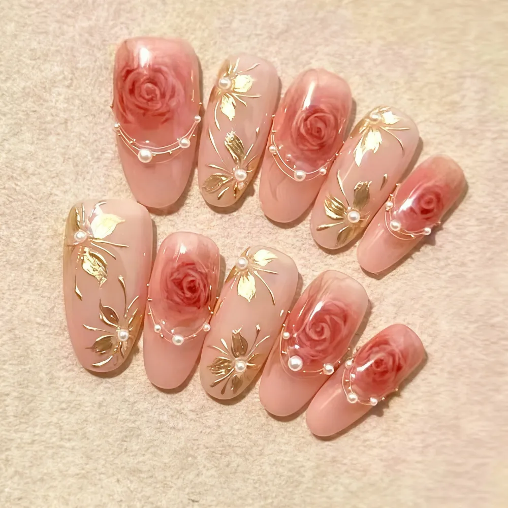 Nailhour Gilded 30pcs Nude Rose Date Pearl Press On Nails