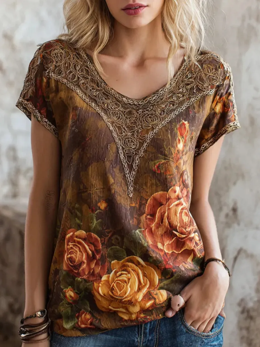 Women's Retro Yellow Rose Printed Casual Short Sleeve Tee