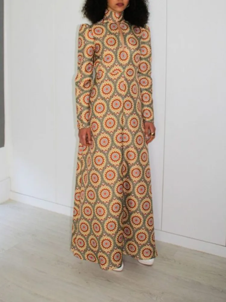 Geometric Print Turtleneck Maxi Dress