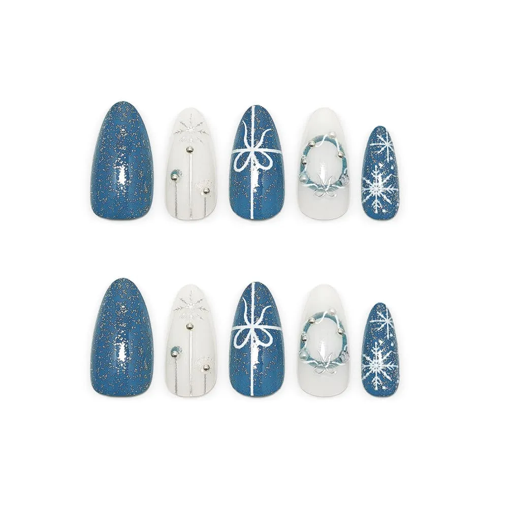 Nailhour 24Pcs Christmas Blue Glitter Medium Almond French Press On Nails