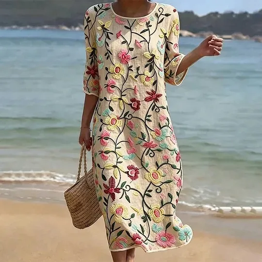 Vintage Floral Art Pattern Linen Blend Loose Three-quarter Sleeve Dress