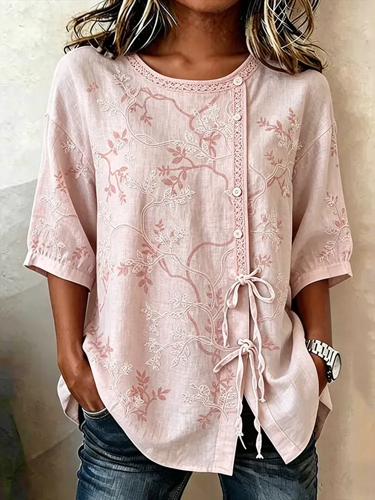 Women's casual floral cotton linen short sleeved shirt