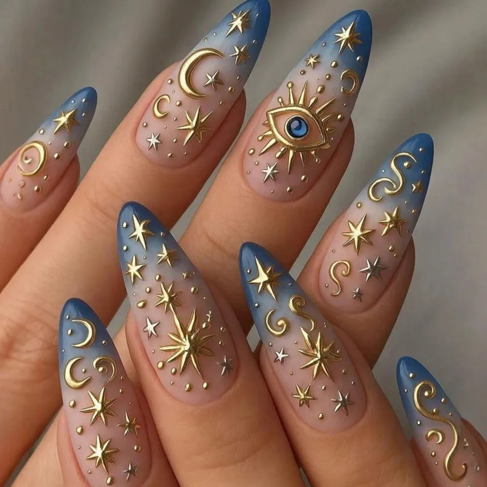 Nailhour 24pcs 3D Moon & Star Almond Shaped Short Nail Tips