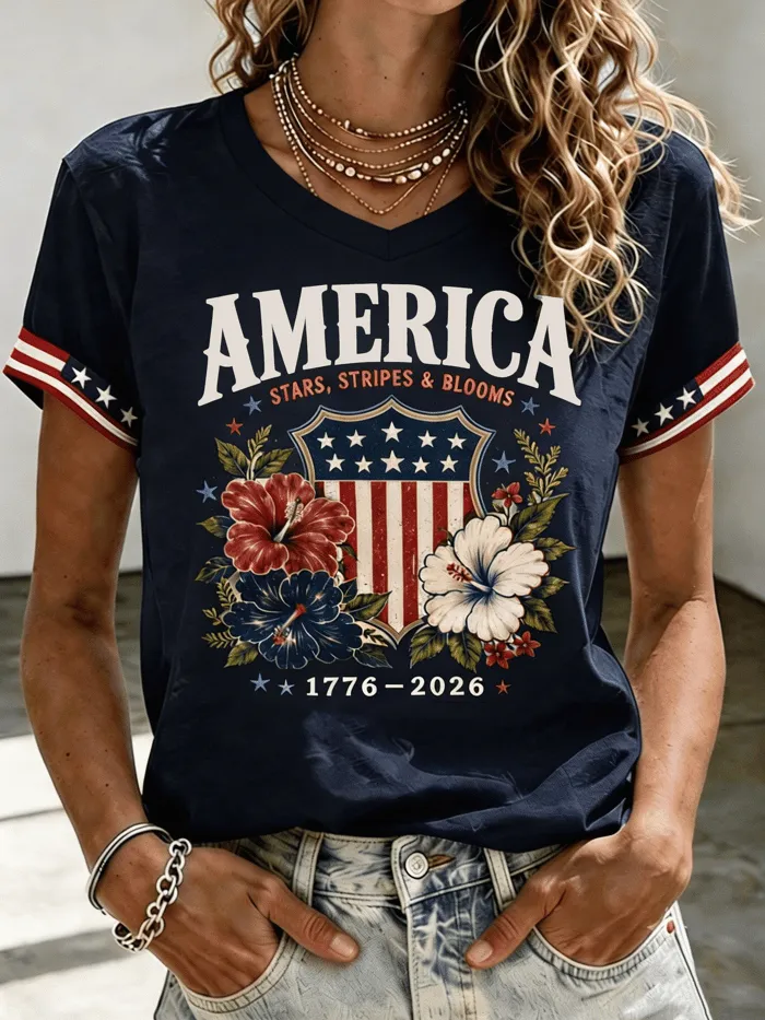 Women'S 250Th Anniversary Patriotic Flag Printed Casual V-Neck T-Shirt