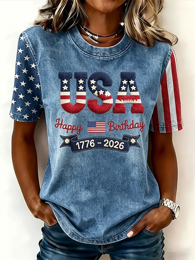 Women'S Retro Independence Day Anniversary Printed T-Shirt