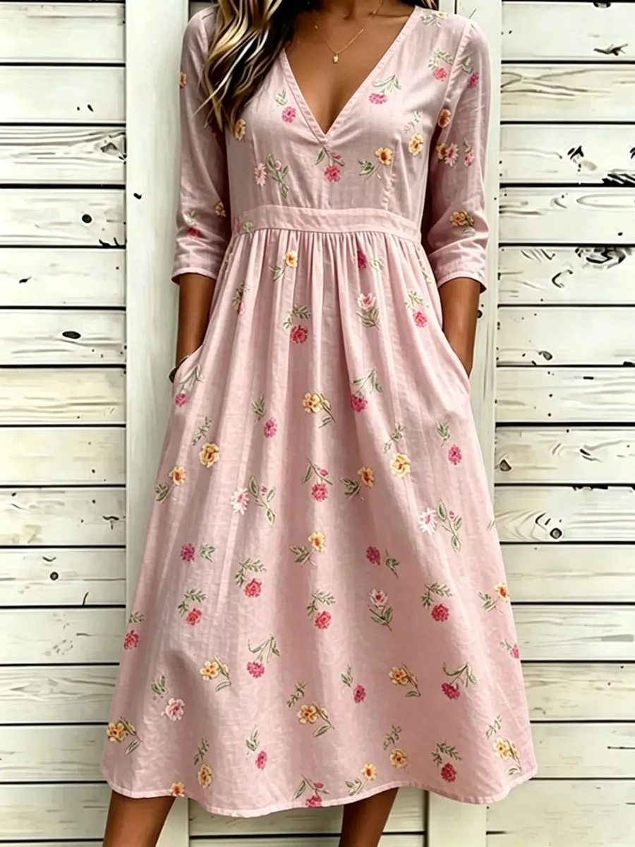 Women'S Cotton And Linen Casual Printed Dress