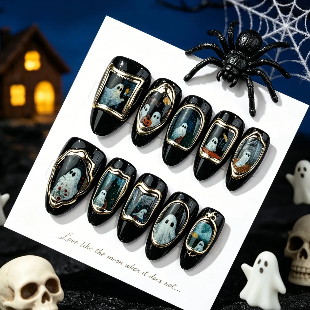 Nailhour 30Pcs Black Ghost Vintage Gilded Halloween Medium Almond Press On Nails