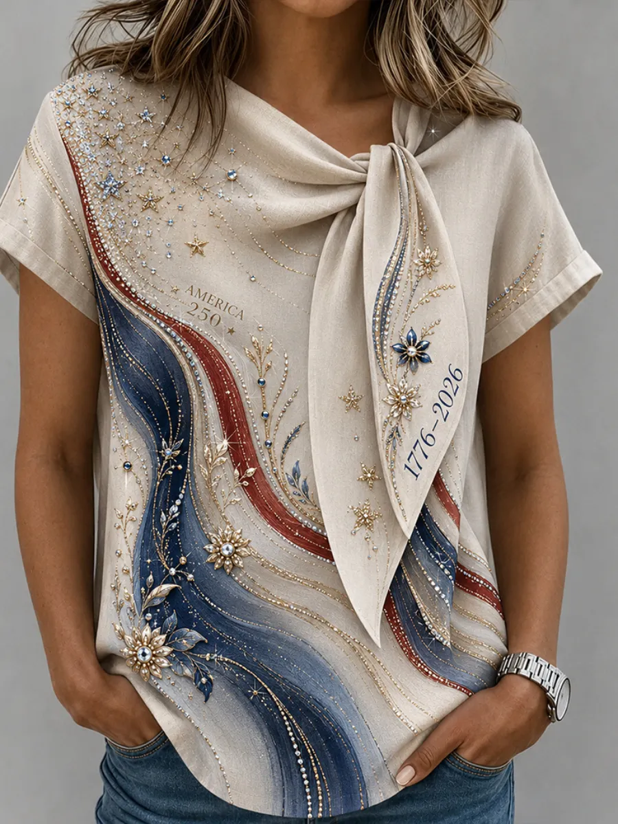 Women'S 250Th Anniversary Vintage Print Tie-Neck Short-Sleeved Top