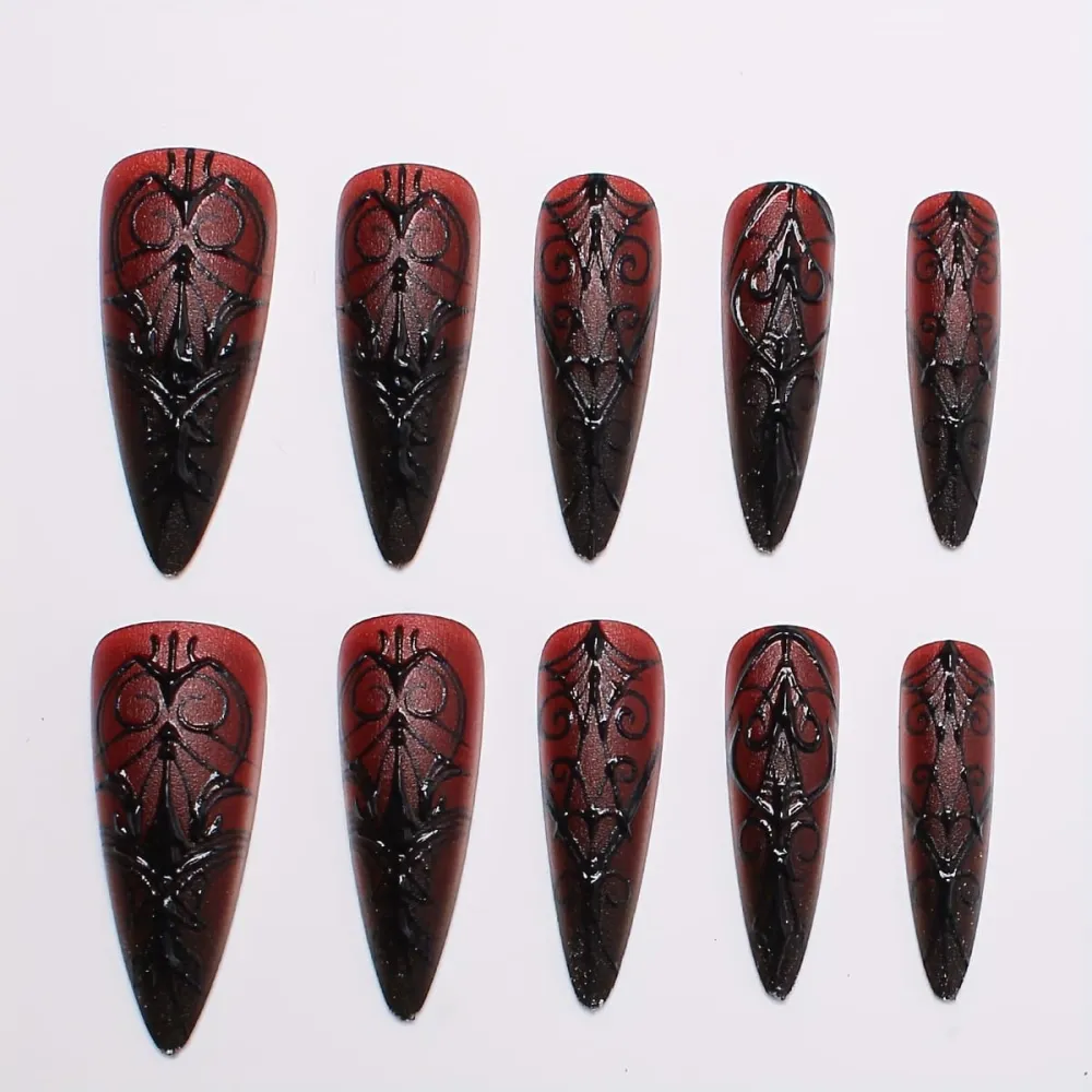 Nailhour 24Pcs Red Gothic 3D Long Stiletto Press On Nails