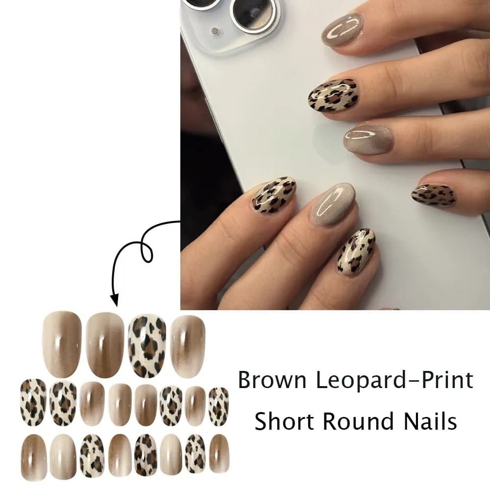 Nailhour 24Pcs Mailard Leopard Print Medium Oval French Press On Nails