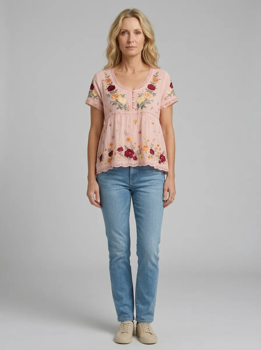 Women's Floral Boho Rose Butterfly Embroidered Printed T-shirt